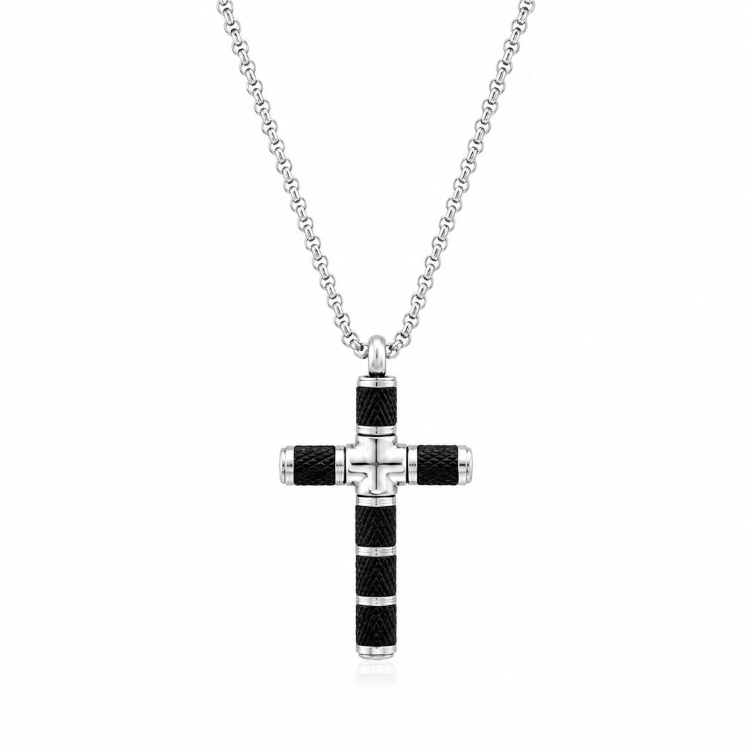 Collar de Acero para Hombre con Colgante de Cruz Negra