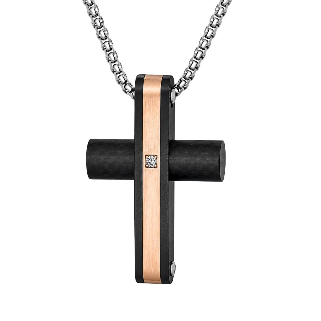 Collar de Acero para Hombre con Cruz Negra y Banda Oro Rosa