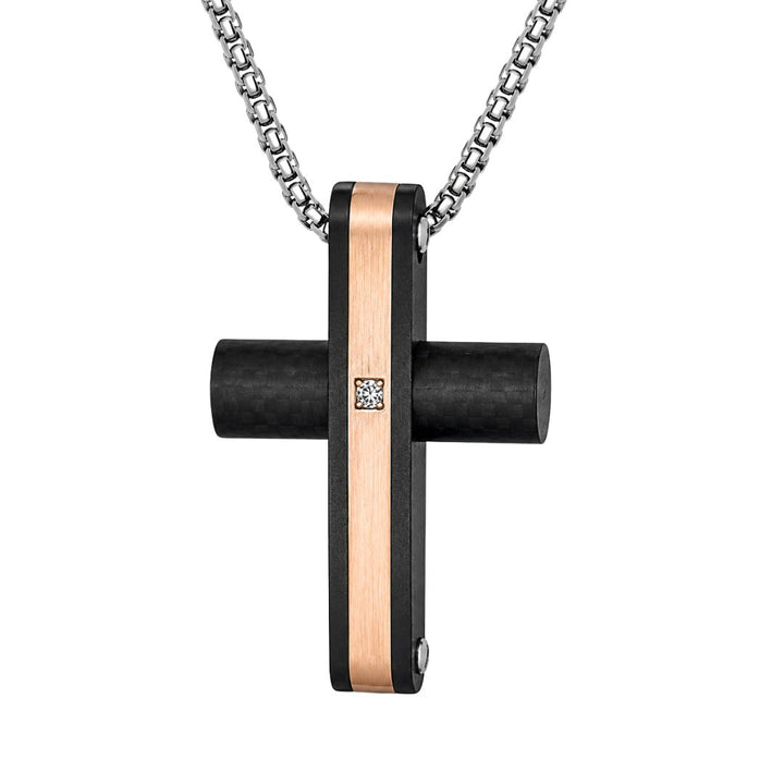 Collar de Acero para Hombre con Cruz Negra y Banda Oro Rosa