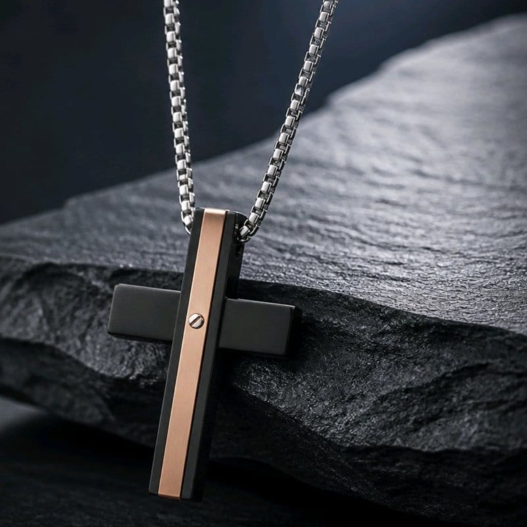 Collar de Acero para Hombre con Cruz Negra y Detalle Dorado Rosa