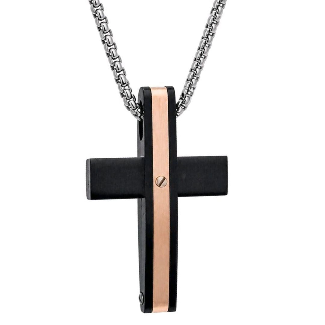 Collar de Acero para Hombre con Cruz Negra y Detalle Dorado Rosa