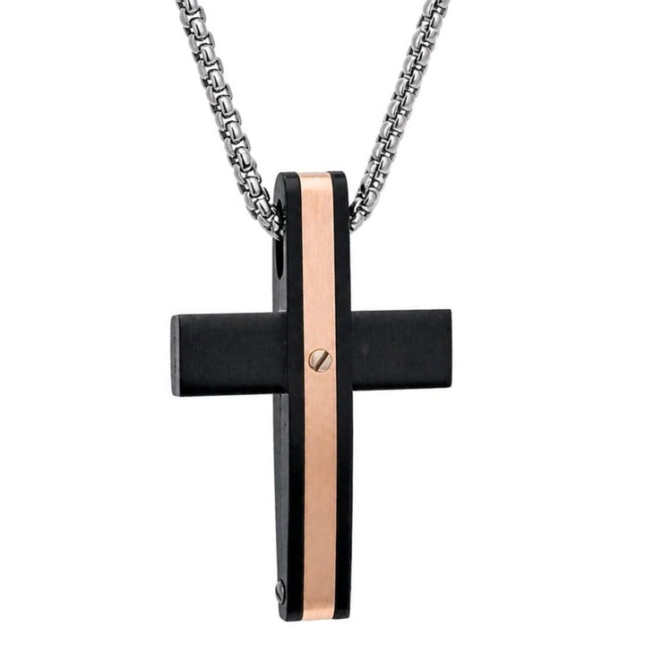 Collar de Acero para Hombre con Cruz Negra y Detalle Dorado Rosa