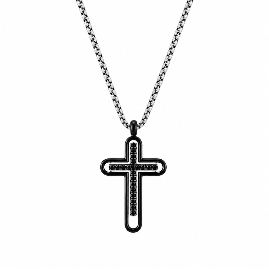 Collar de Acero para Hombre con Cruz de Circonitas Negras