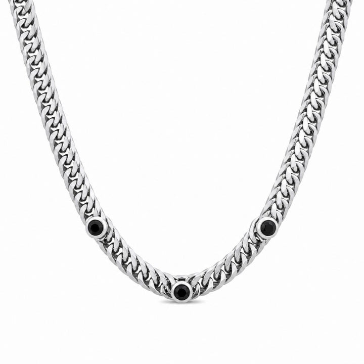 Collar de Acero para Hombre de Cadena Plana con Tres Cristales Negros