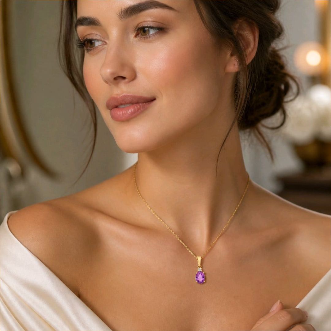 Collar de Amatista y Diamante en Oro de 14K