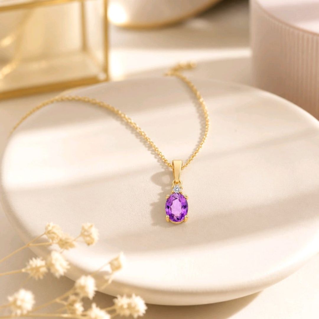 Collar de Amatista y Diamante en Oro de 14K