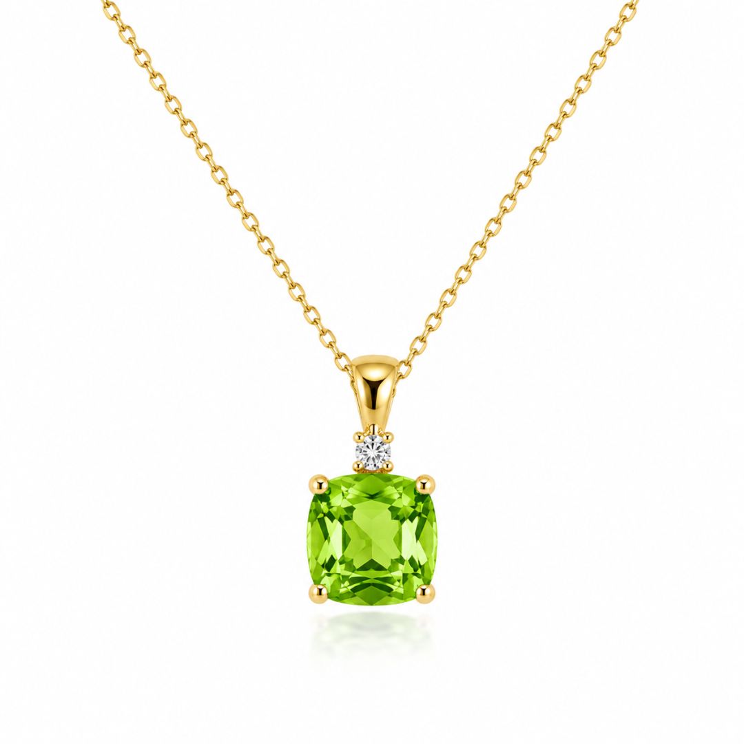 Colgante de Oro 14K con Peridoto Talla Cojín y Diamante Natural
