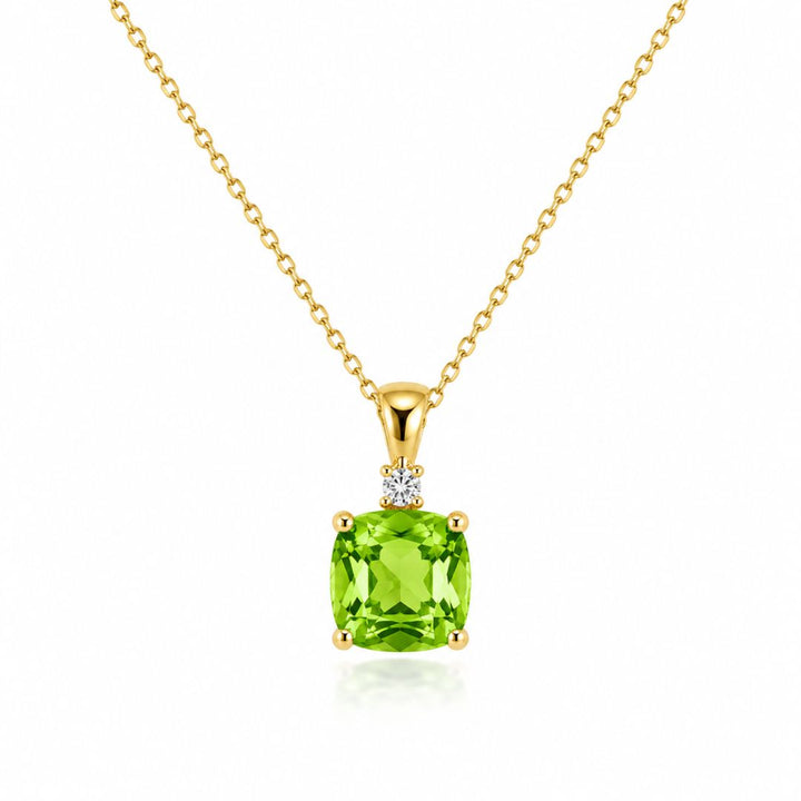Colgante de Oro 14K con Peridoto Talla Cojín y Diamante Natural