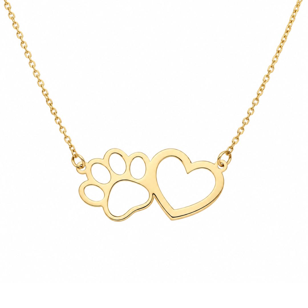 Collar de Oro 18K con Huella de Mascota y Corazón