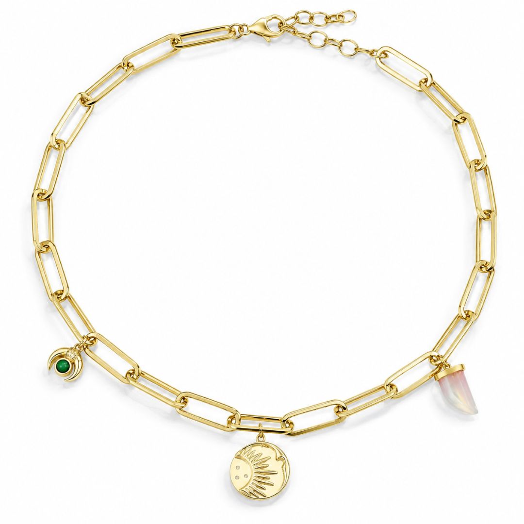 Collar de Plata 925 Bañado en Oro con Eslabones Gruesos y Colgantes – Piedra Rosa y Verde