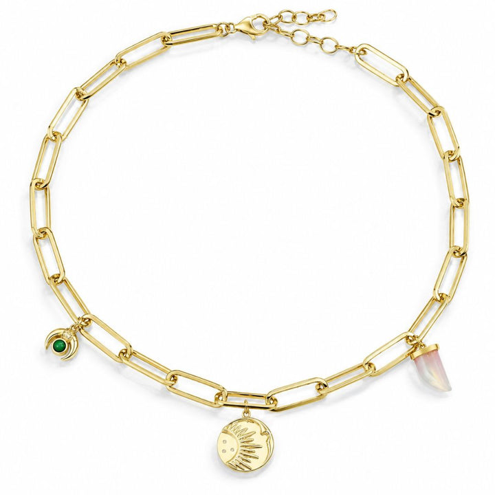 Collar de Plata 925 Bañado en Oro con Eslabones Gruesos y Colgantes – Piedra Rosa y Verde