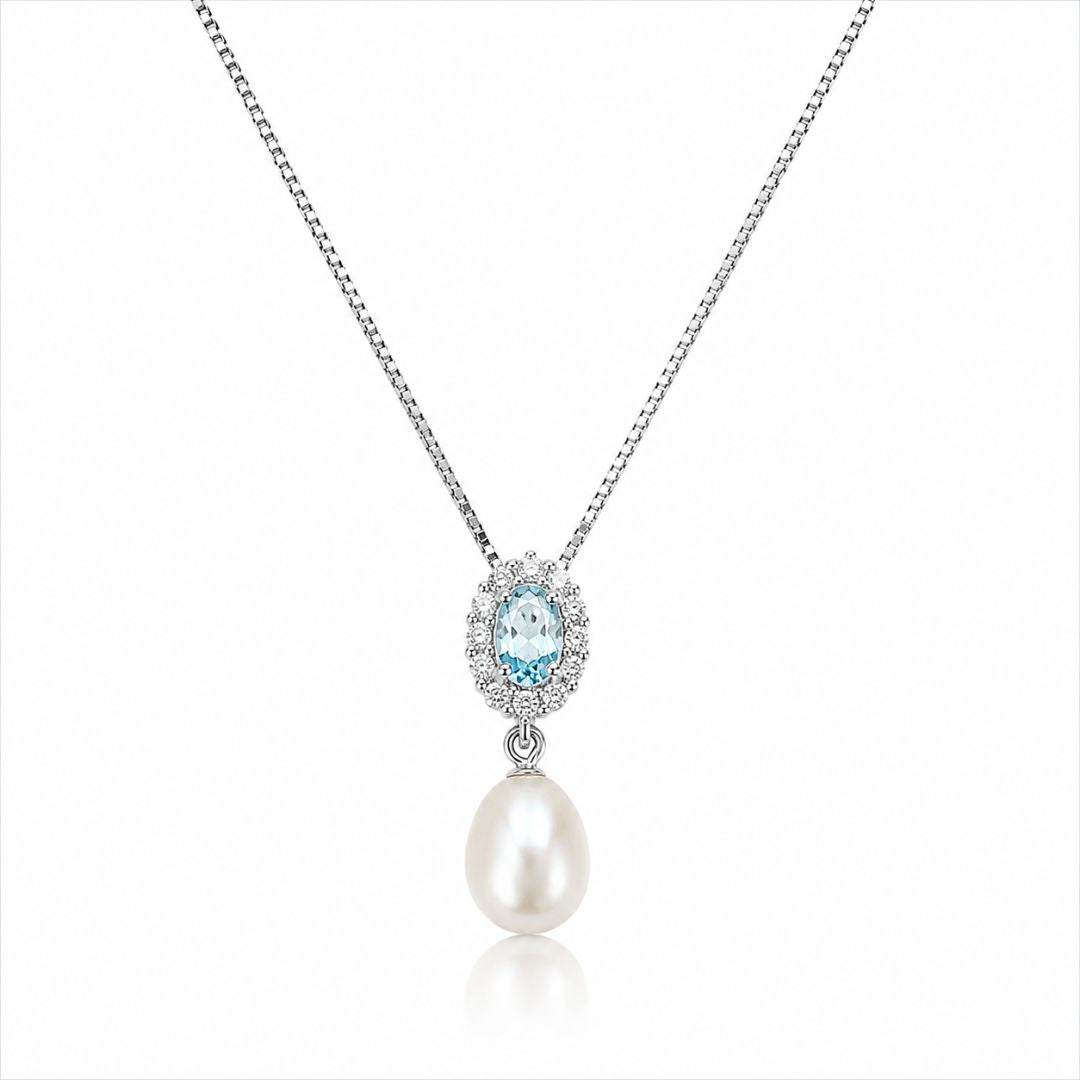 Collar de Plata 925 con Piedra en Tono Azul y Perla Natural