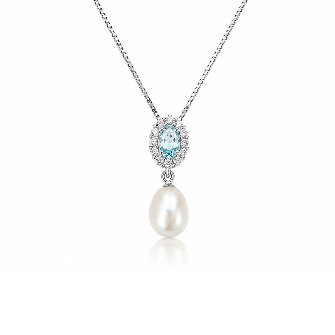 Collar de Plata 925 con Piedra en Tono Azul y Perla Natural