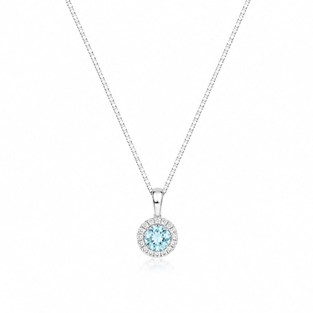 Collar de Plata de Ley 925 con Circonita Aguamarina y Halo de Circonitas