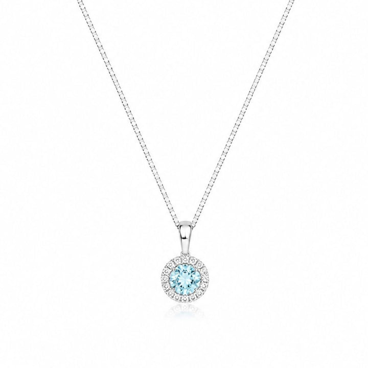 Collar de Plata de Ley 925 con Circonita Aguamarina y Halo de Circonitas