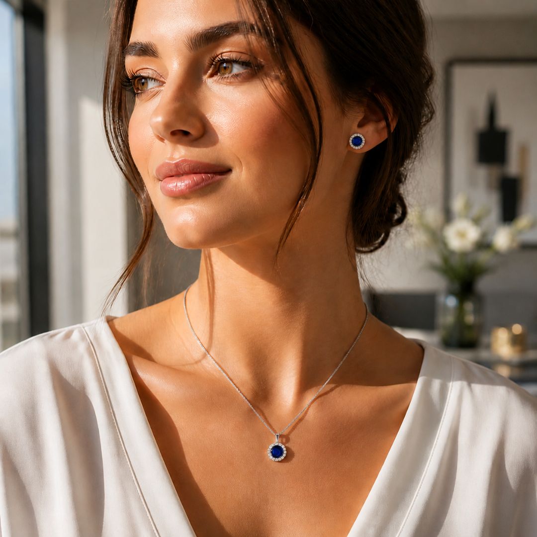 Collar de Plata de Ley 925 con Circonita Azul Zafiro y Halo de Circonitas