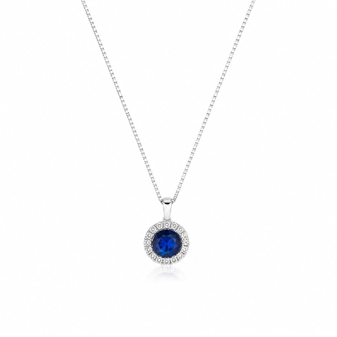 Collar de Plata de Ley 925 con Circonita Azul Zafiro y Halo de Circonitas