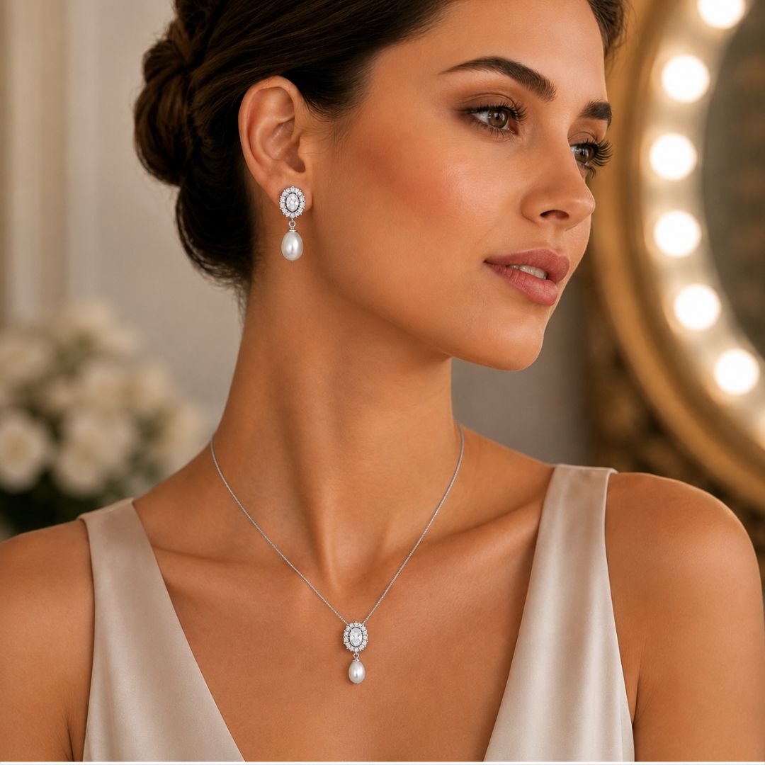 Collar de Plata de Ley 925 con Perla Natural y Circonitas