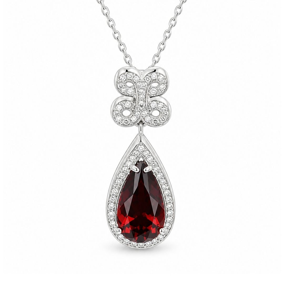 Collar de Plata de Ley con Cristal Rojo en Forma de Lágrima