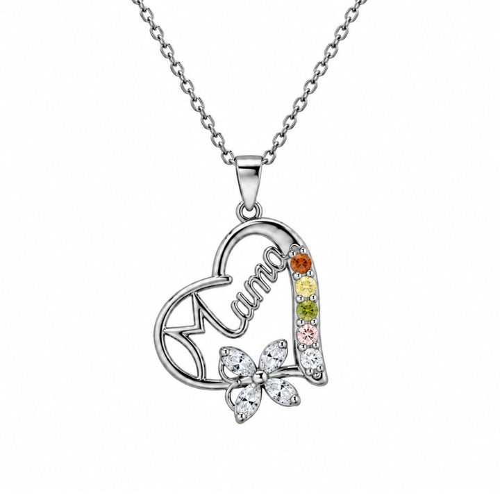 Collar para mamá de plata · Corazón y mariposa de colores