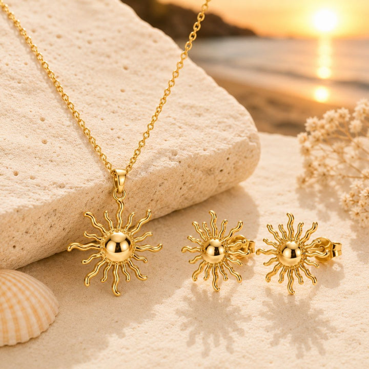 Conjunto Sol de Acero Dorado – Collar y Pendientes