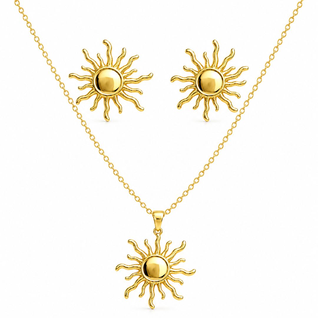 Conjunto Sol de Acero Dorado – Collar y Pendientes