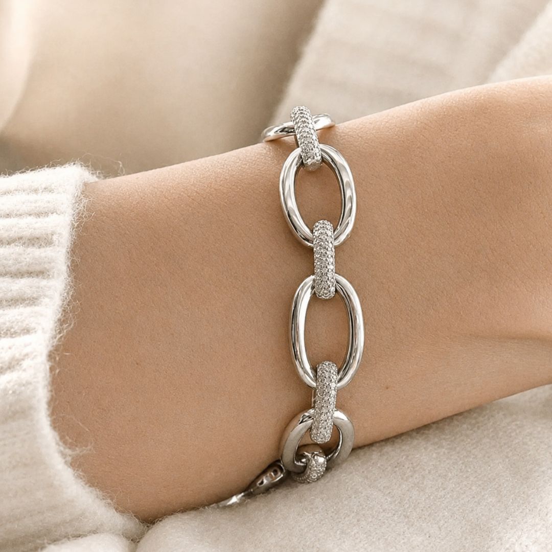 Pulsera de Plata 925 con Eslabones Ovalados y Circonitas