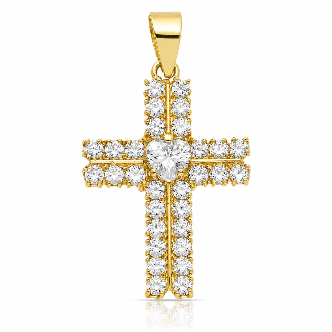 Cruz Oro Amarillo 18K con Circonitas y Corazón Brillante
