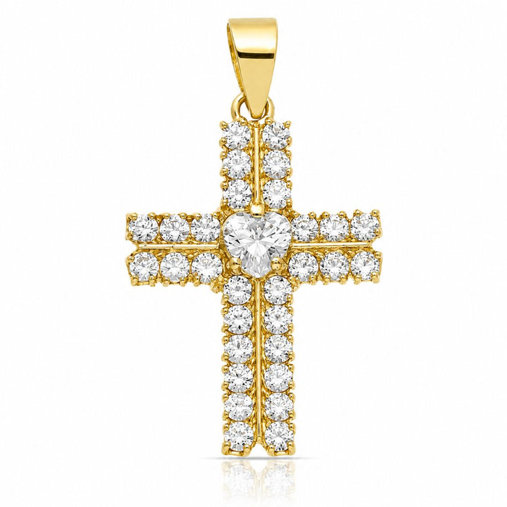 Cruz Oro Amarillo 18K con Circonitas y Corazón Brillante
