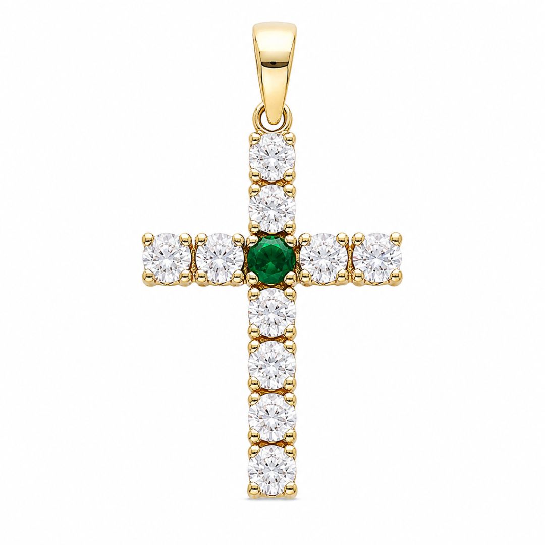 Cruz Oro Amarillo 18K con Circonitas y Piedra Verde
