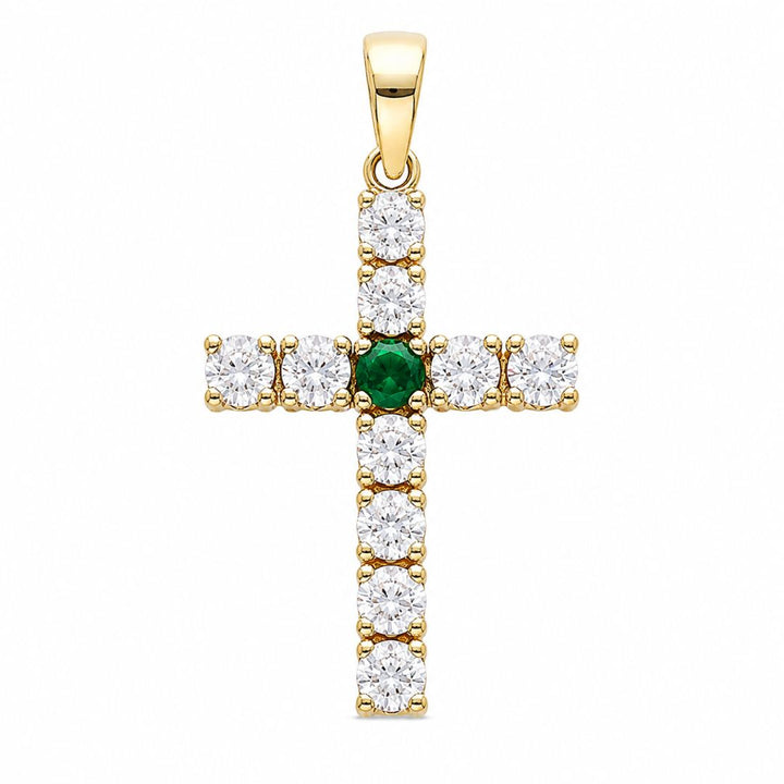 Cruz Oro Amarillo 18K con Circonitas y Piedra Verde