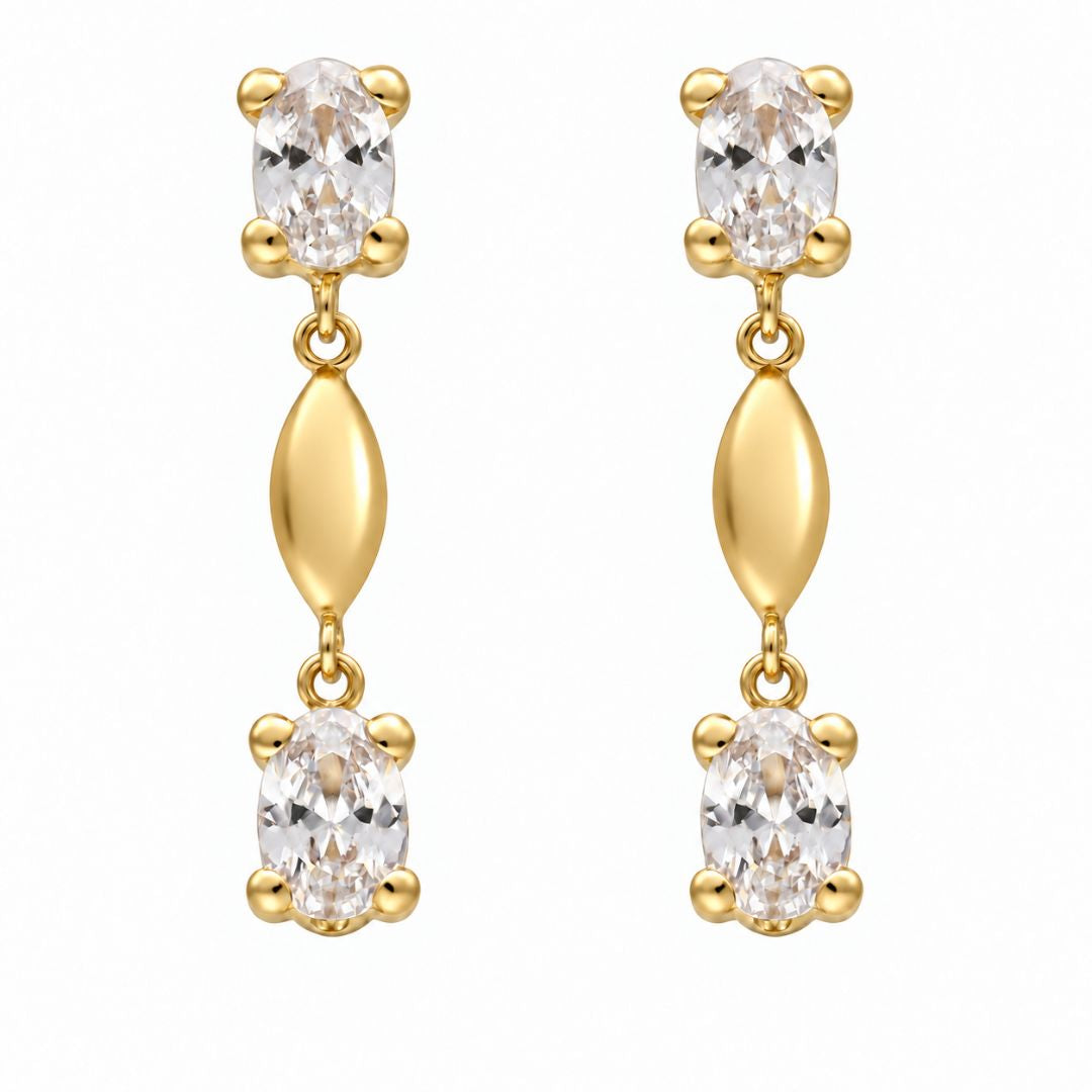Pendientes Largos de Oro 18K con Circonitas Ovaladas