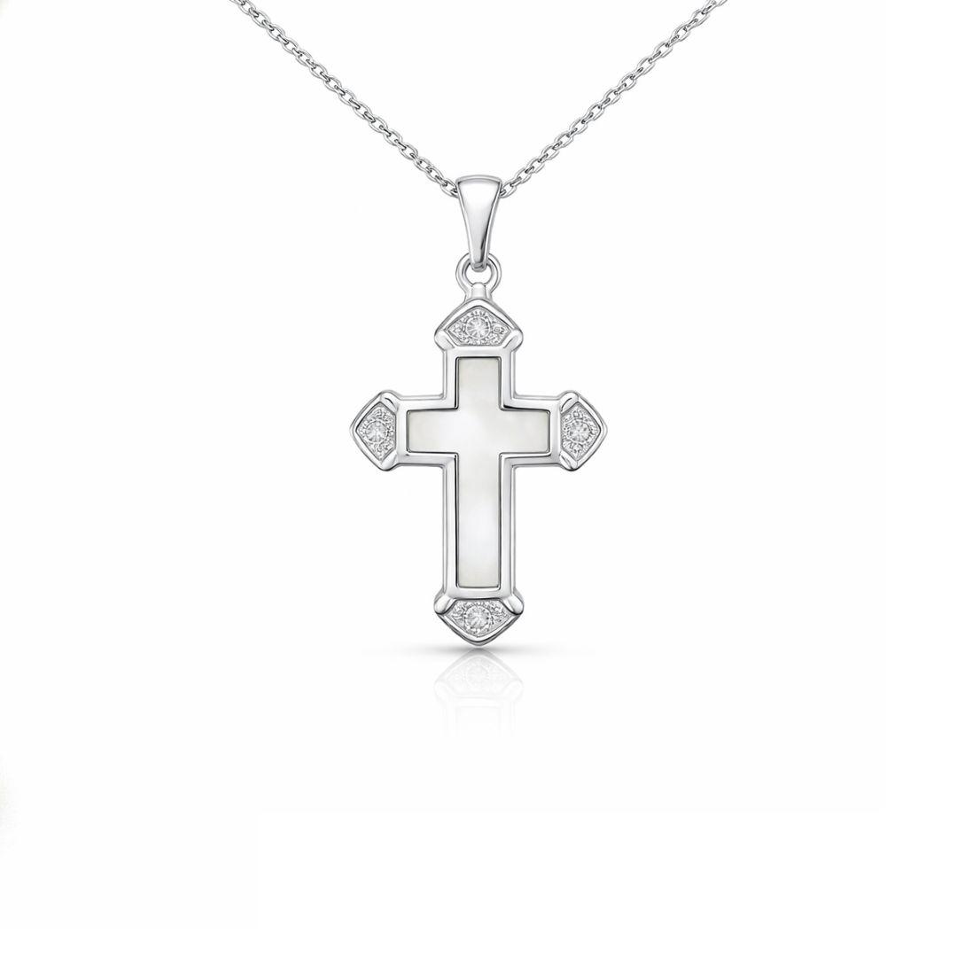 Cruz en Plata Rodiada con Nácar y Circonitas Elegante