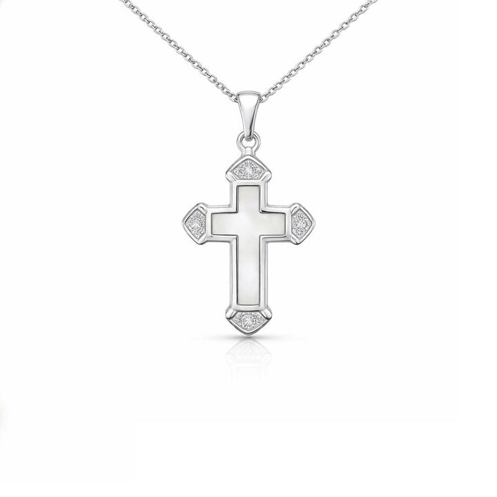 Cruz en Plata Rodiada con Nácar y Circonitas Elegante