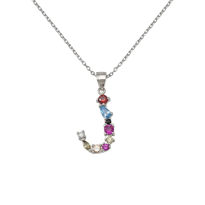 Gargantilla de plata fina letra J con circonitas coloridas