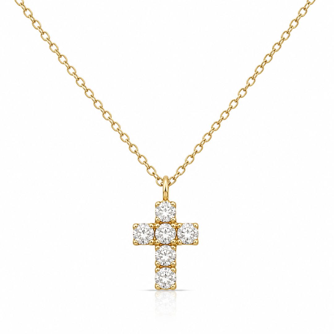 Gargantilla Cruz Oro Amarillo 18K con Circonitas