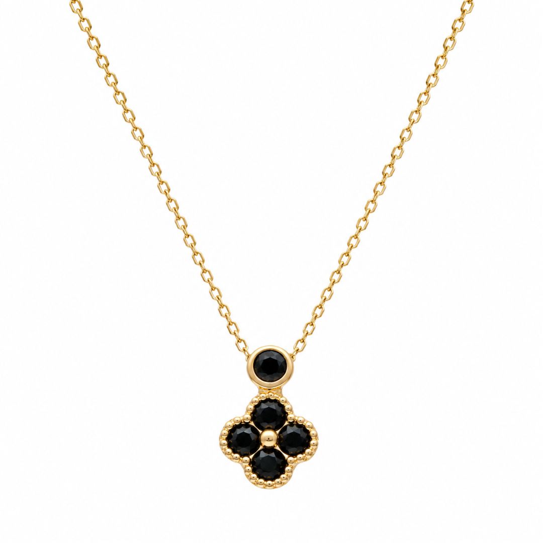 Gargantilla Flor Oro Amarillo 18K con Circonitas Negras
