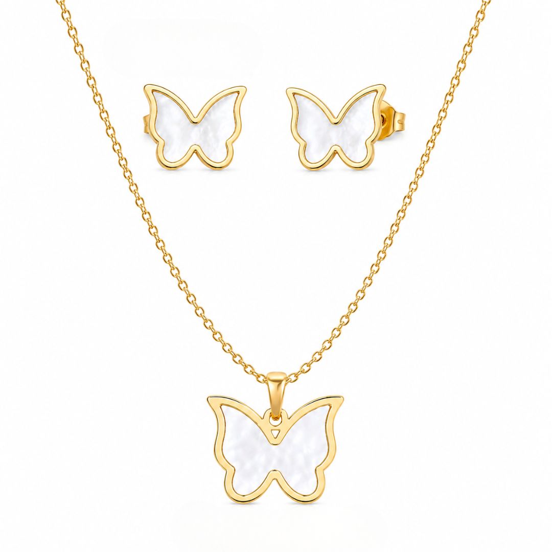 Juego de Collar y Pendientes de Acero Dorado con Mariposa Nácar