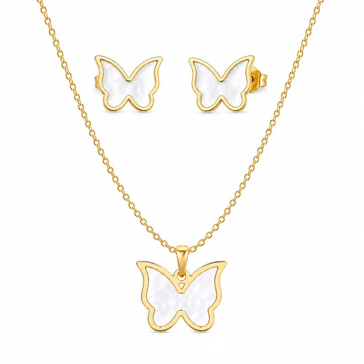 Juego de Collar y Pendientes de Acero Dorado con Mariposa Nácar