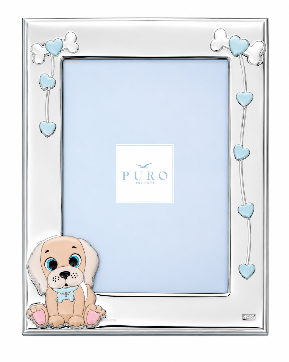 Marco de Fotos Infantil en Plata 1ª Ley – Perrito con Corazones (9x13 cm)