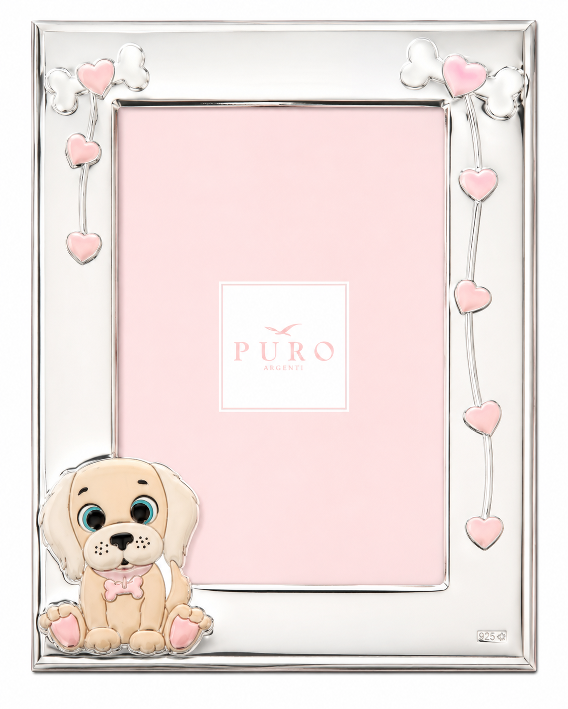Marco de Fotos Infantil en Plata 1ª Ley – Perrito con Corazones (9x13 cm)