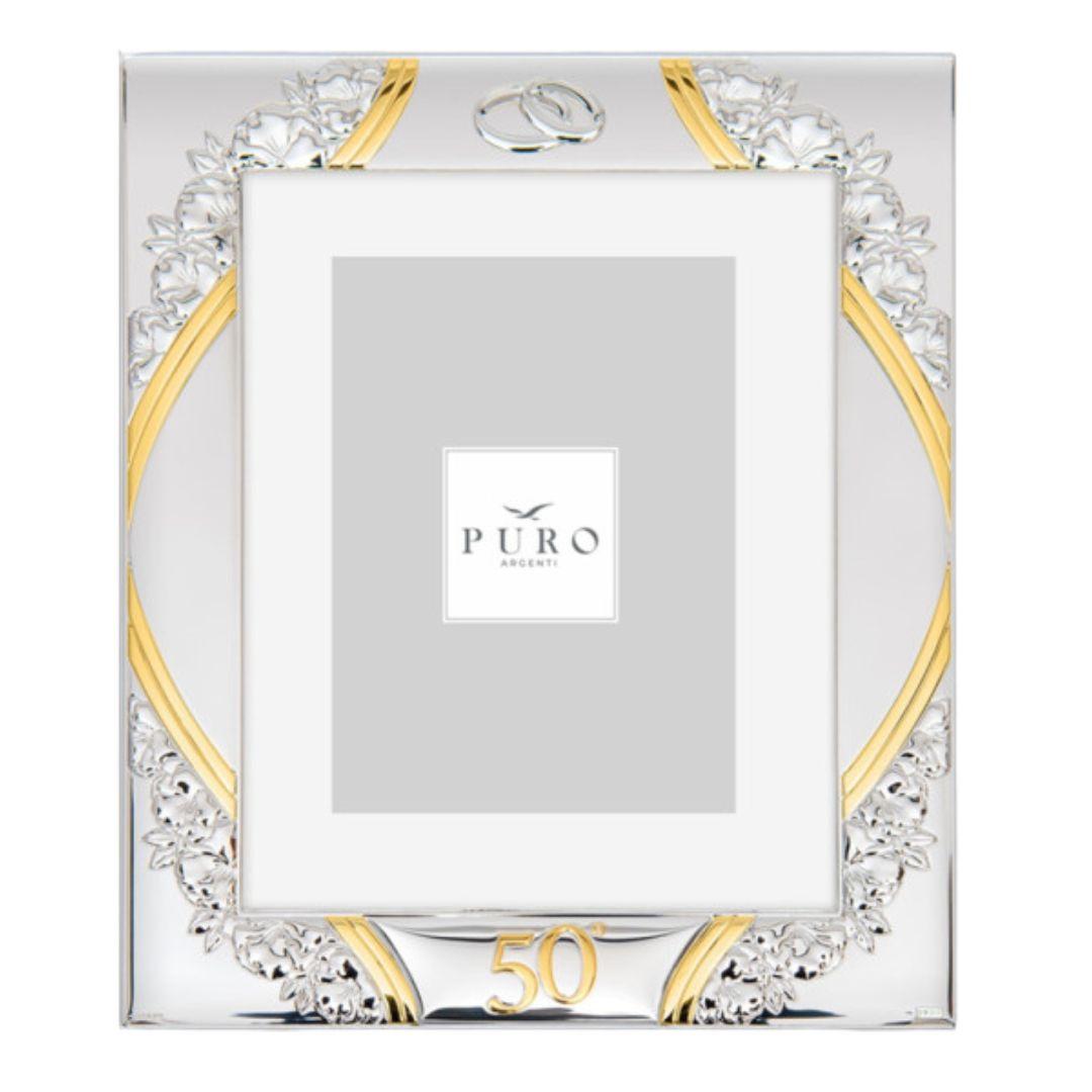 Marco de Fotos en Plata para 50 Aniversario 10x15 cm - Alianzas y Flores, Regalo Especial