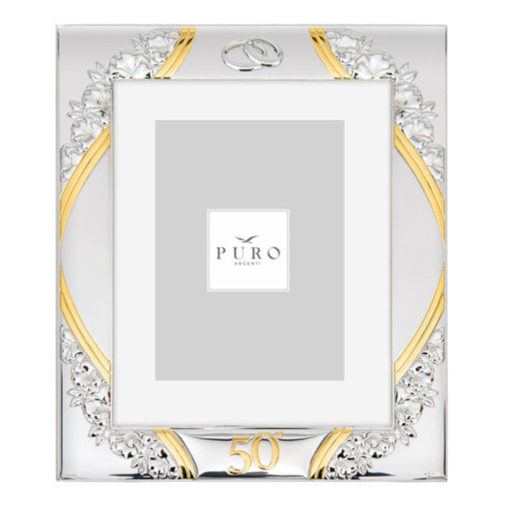 Marco de Fotos en Plata para 50 Aniversario 10x15 cm - Alianzas y Flores, Regalo Especial