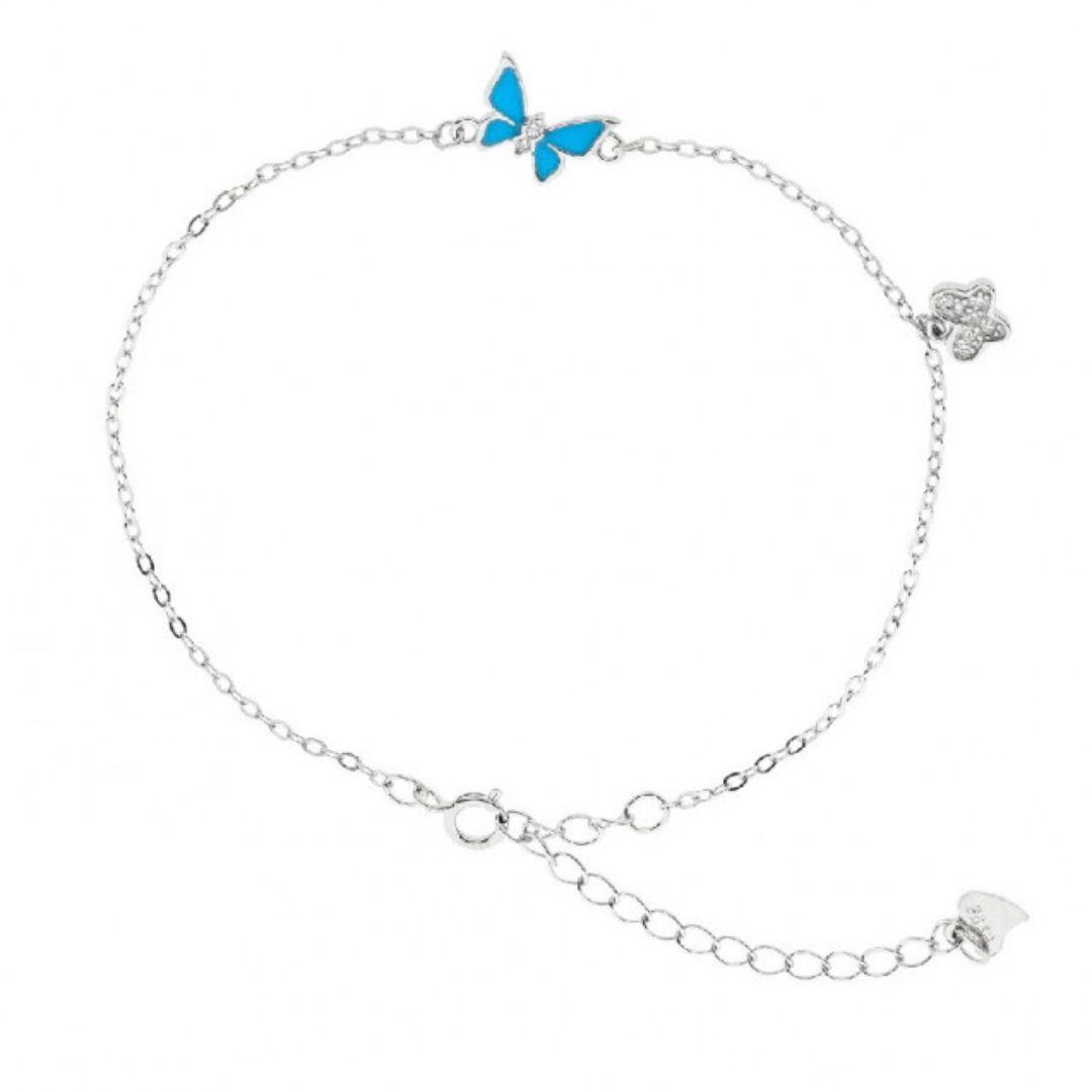 Pulsera de plata de ley rodiada con mariposa de esmalte azul