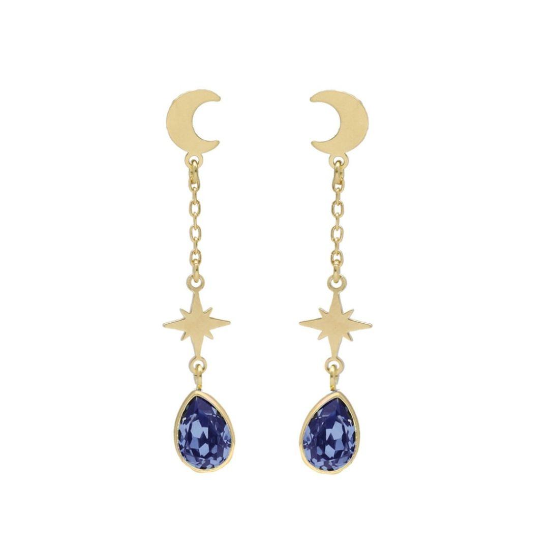 Pendientes Firmamento Luna & Star en Plata bañada en Oro con Cristal Azul · Victoria Cruz