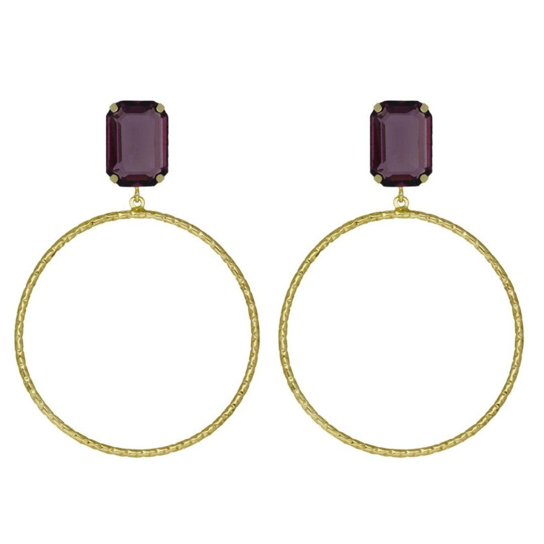 Pendientes Helena Rectángulo Amethyst & Aro Texturizado en Plata bañada en Oro · Victoria Cruz