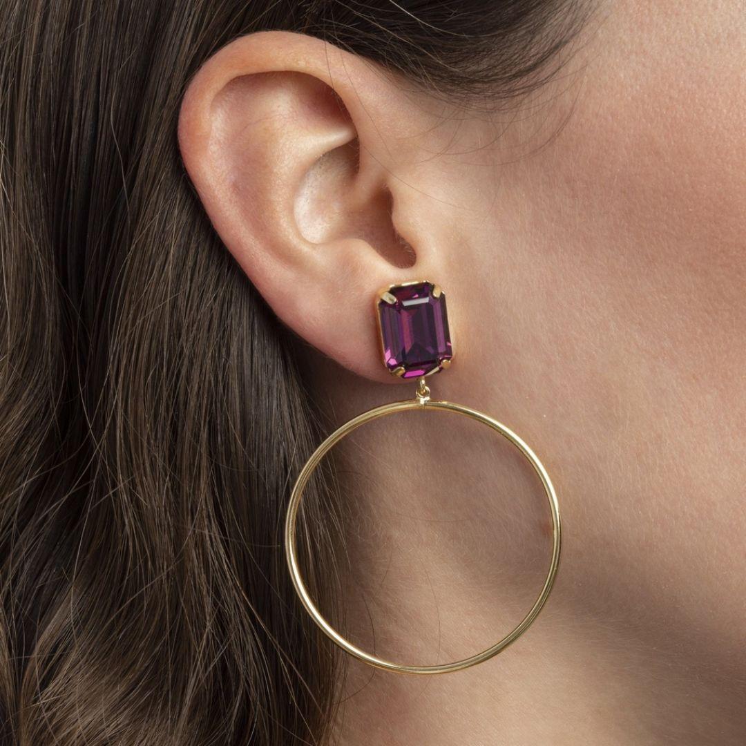 Pendientes Helena Rectángulo Amethyst & Aro Texturizado en Plata bañada en Oro · Victoria Cruz