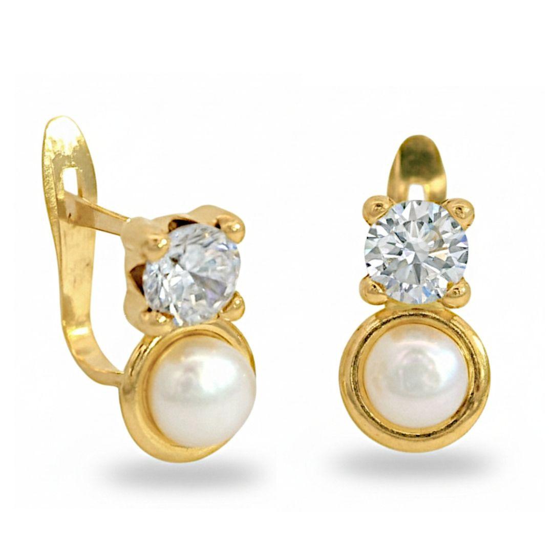 Pendientes Niña Comunión Oro 18K Circonita en Garra y Perla – Cierre Catalán