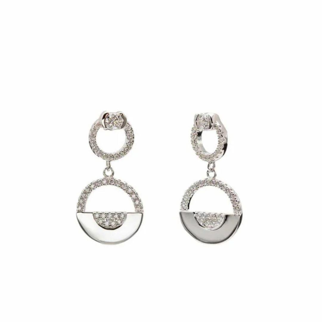 Pendientes colgantes dos círculos de diferentes diámetros con circonitas de plata