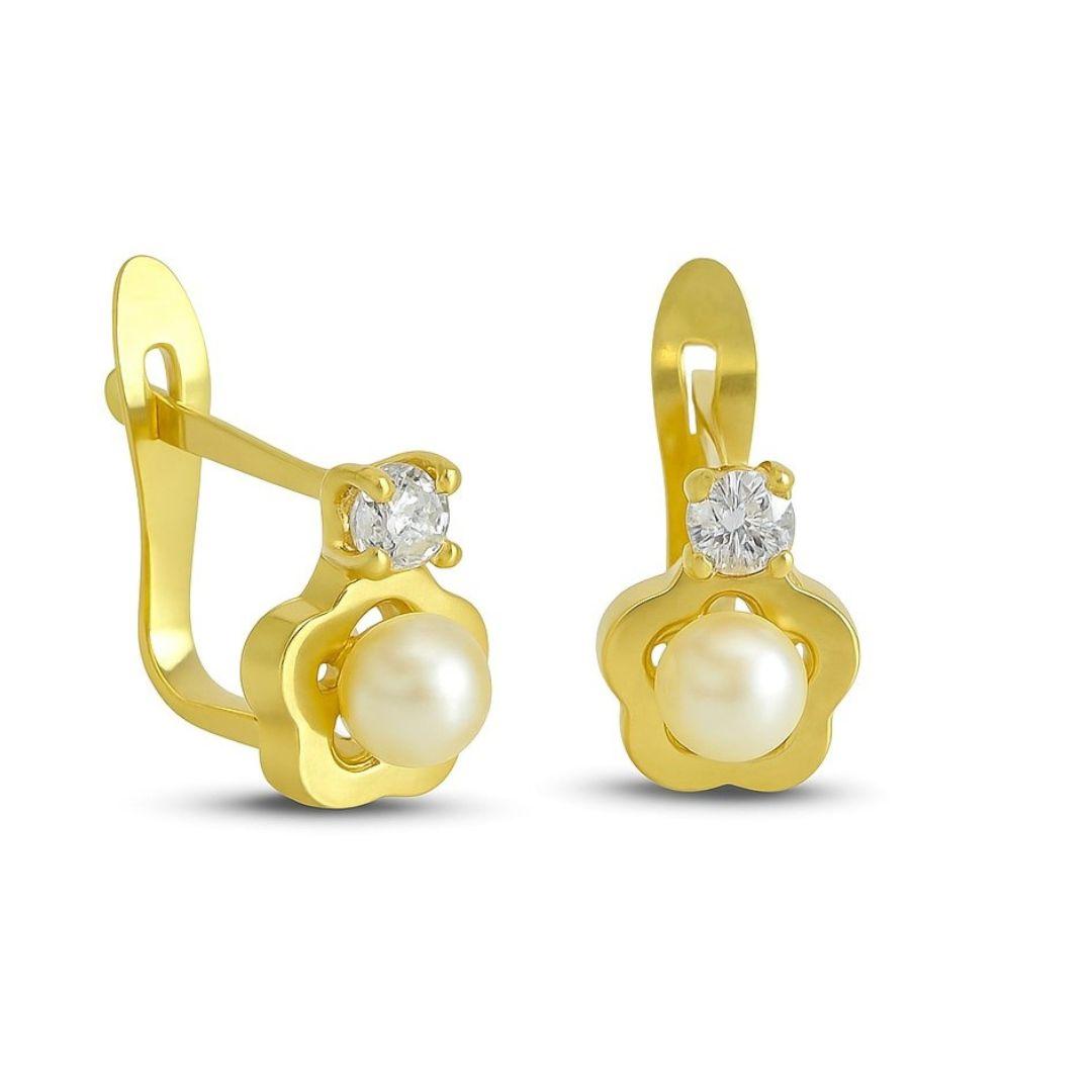 Pendientes Niña Comunión Oro 18K Flor con Perla y Circonita – Cierre Catalán
